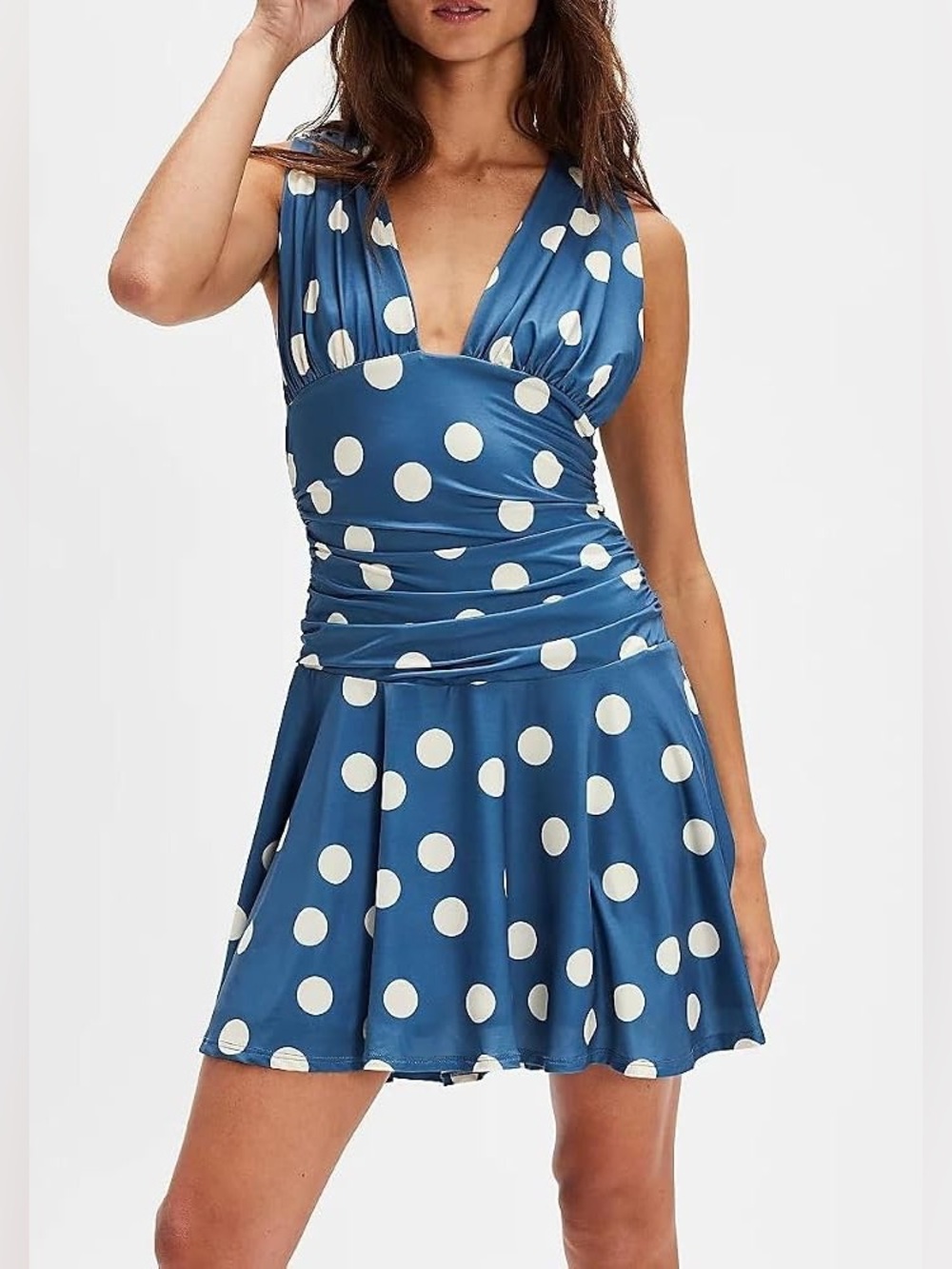 NWOT FREE PEOPLE Blue Polka Dot V-Neck Mini Dress